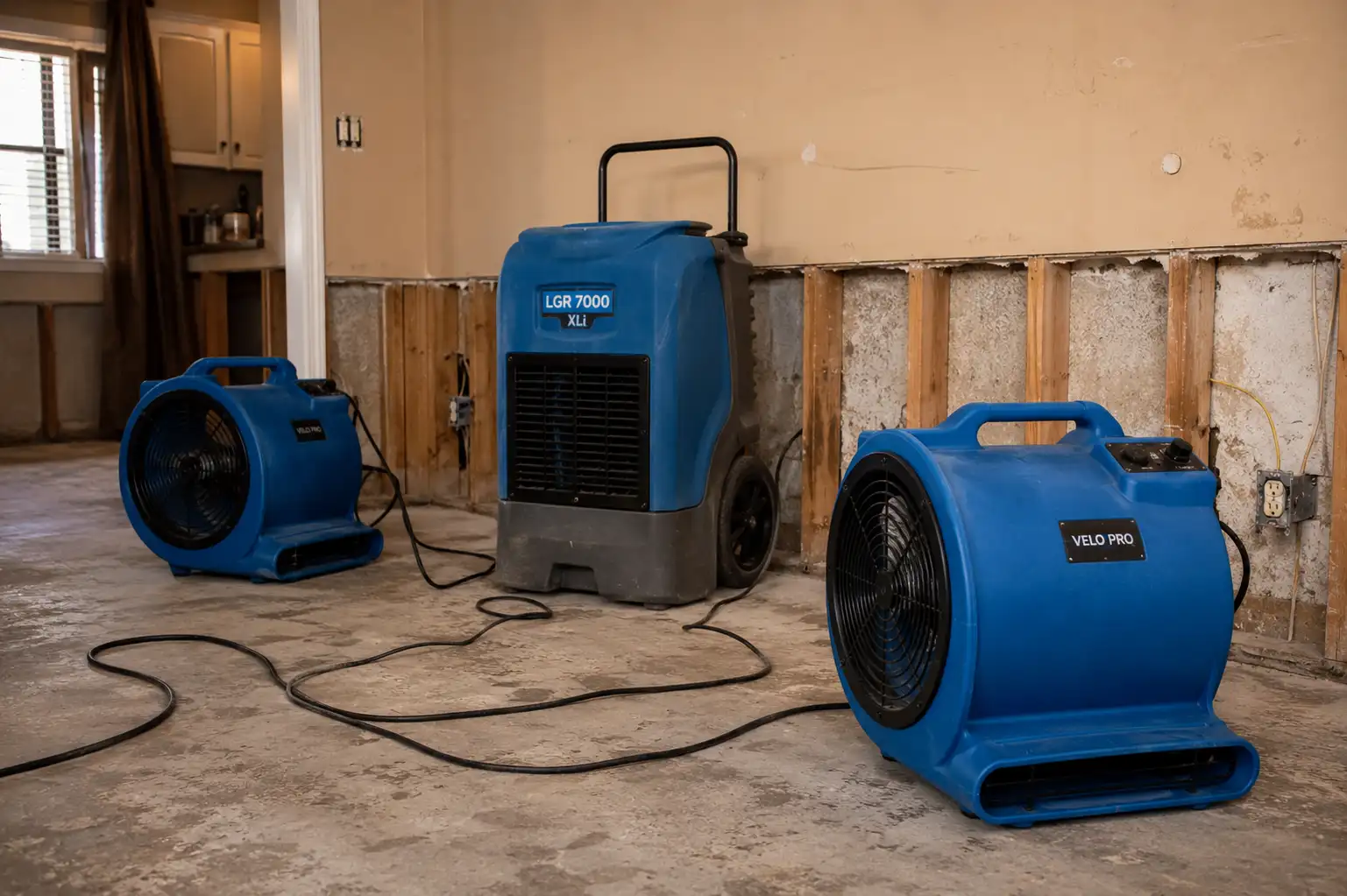 Industrial air movers and commercial dehumidifier drying a residential room with exposed drywall after water damage.