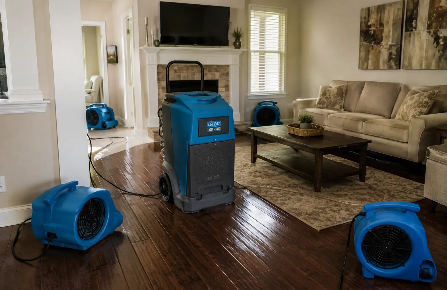 Air movers and dehumidifier drying an Allen, TX home