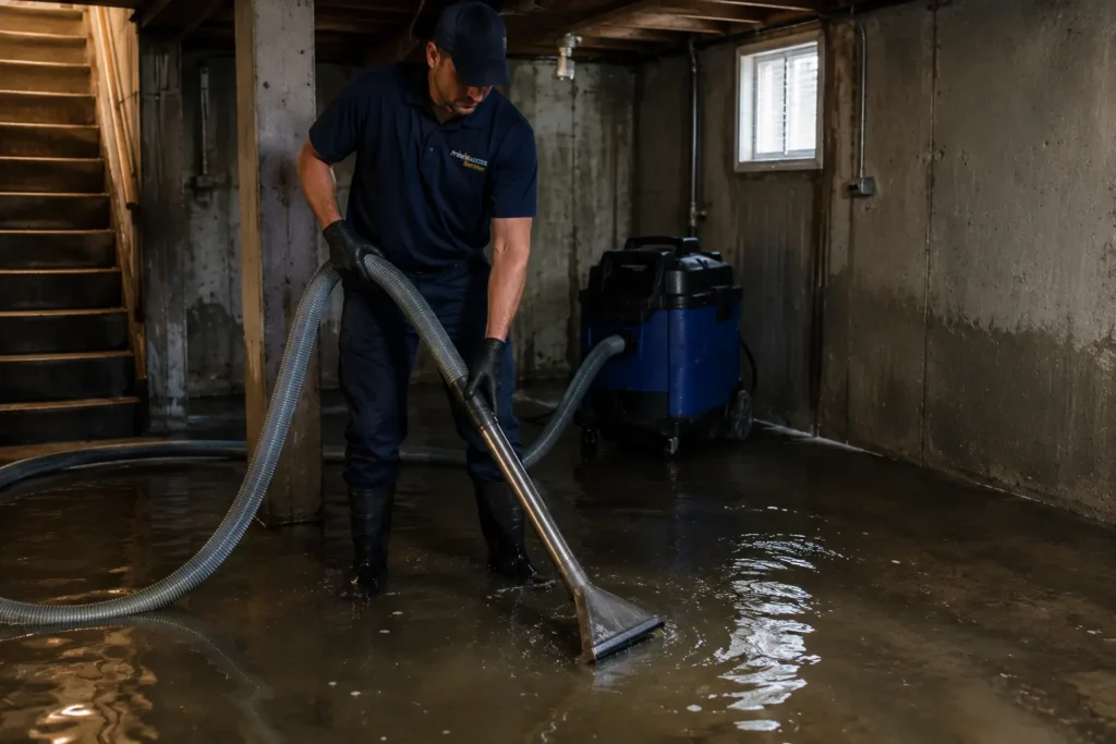 Technician extracting floodwater from a partially flooded basement using a commercial extraction hose and waterproof boots.