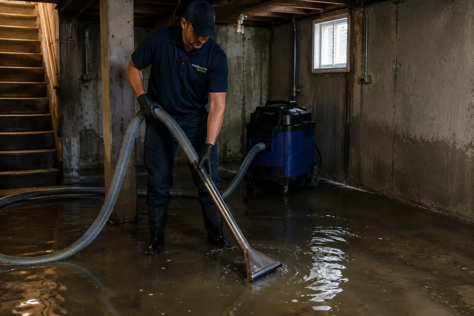 Technician extracting floodwater from a partially flooded basement using a commercial extraction hose and waterproof boots.
