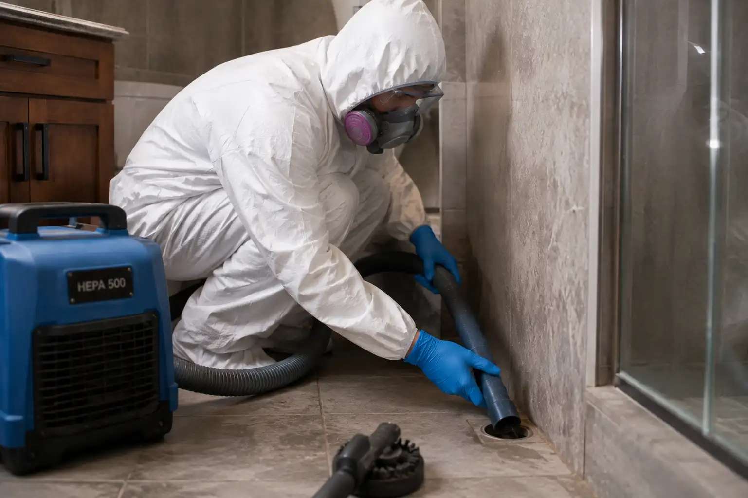 Technician in protective suit and respirator cleaning a bathroom floor drain with professional restoration equipment.