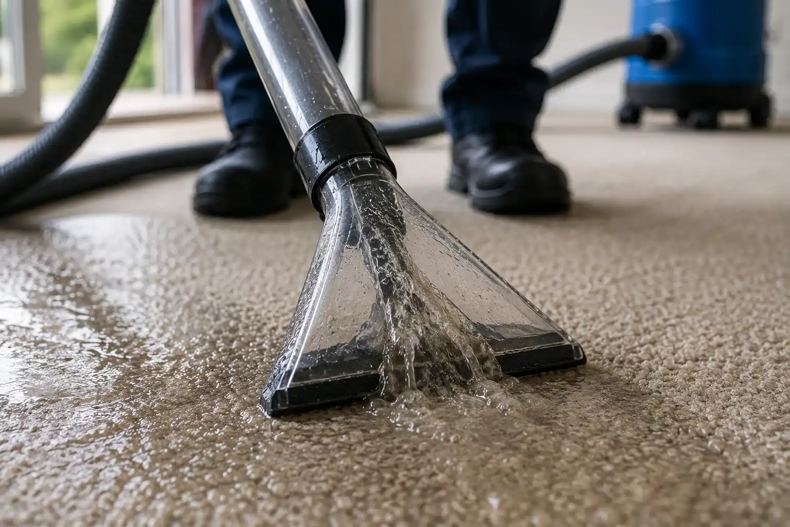 Water extraction technician using a wet vacuum wand to remove water from a saturated carpet.
