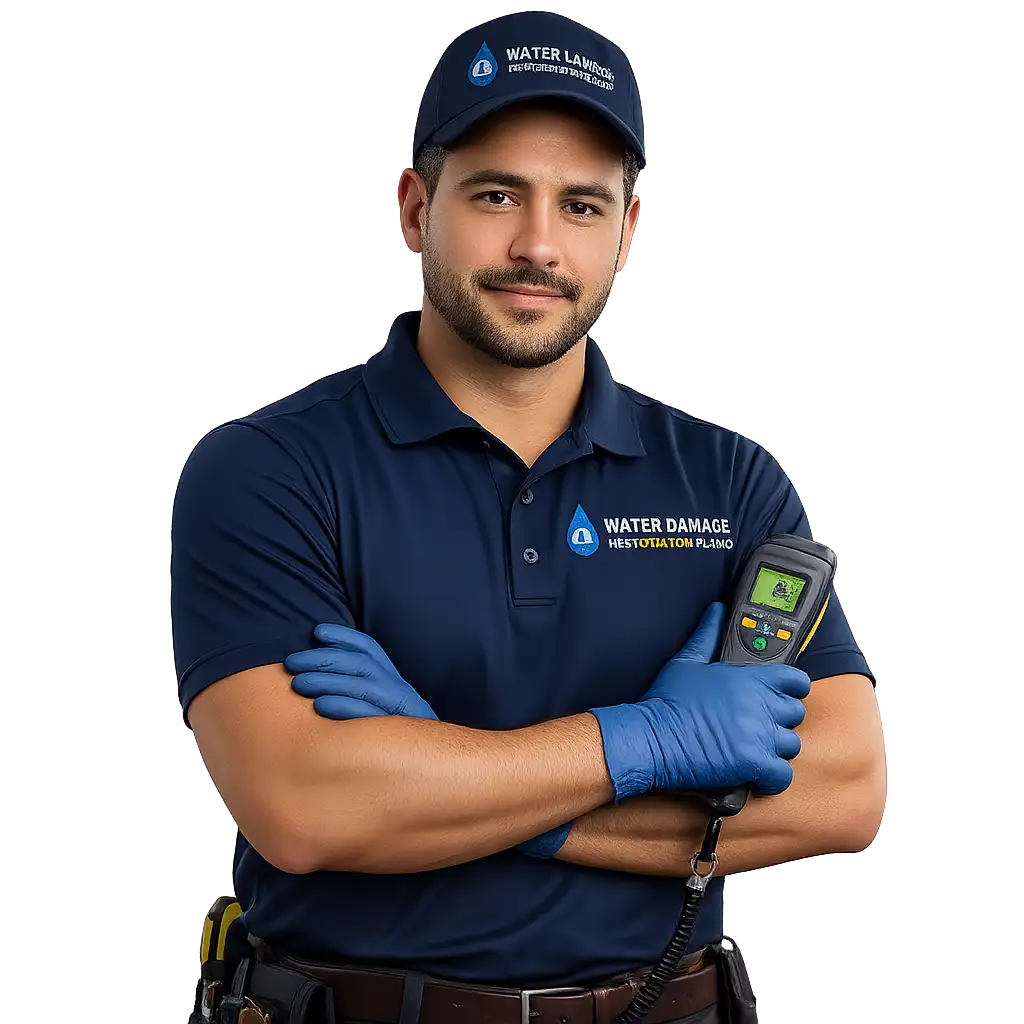 Water Damage Restoration Plano technician in branded uniform holding a moisture meter
