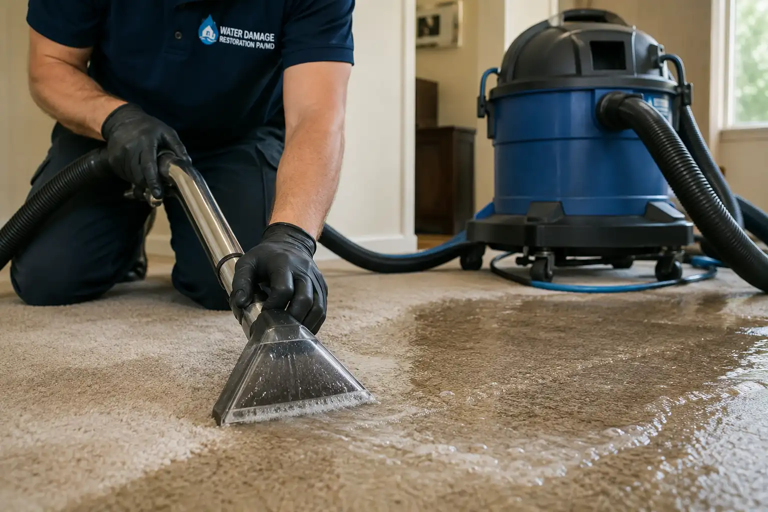 Water Damage Restoration Plano technician extracting water from a damaged carpet with a commercial wet vacuum.