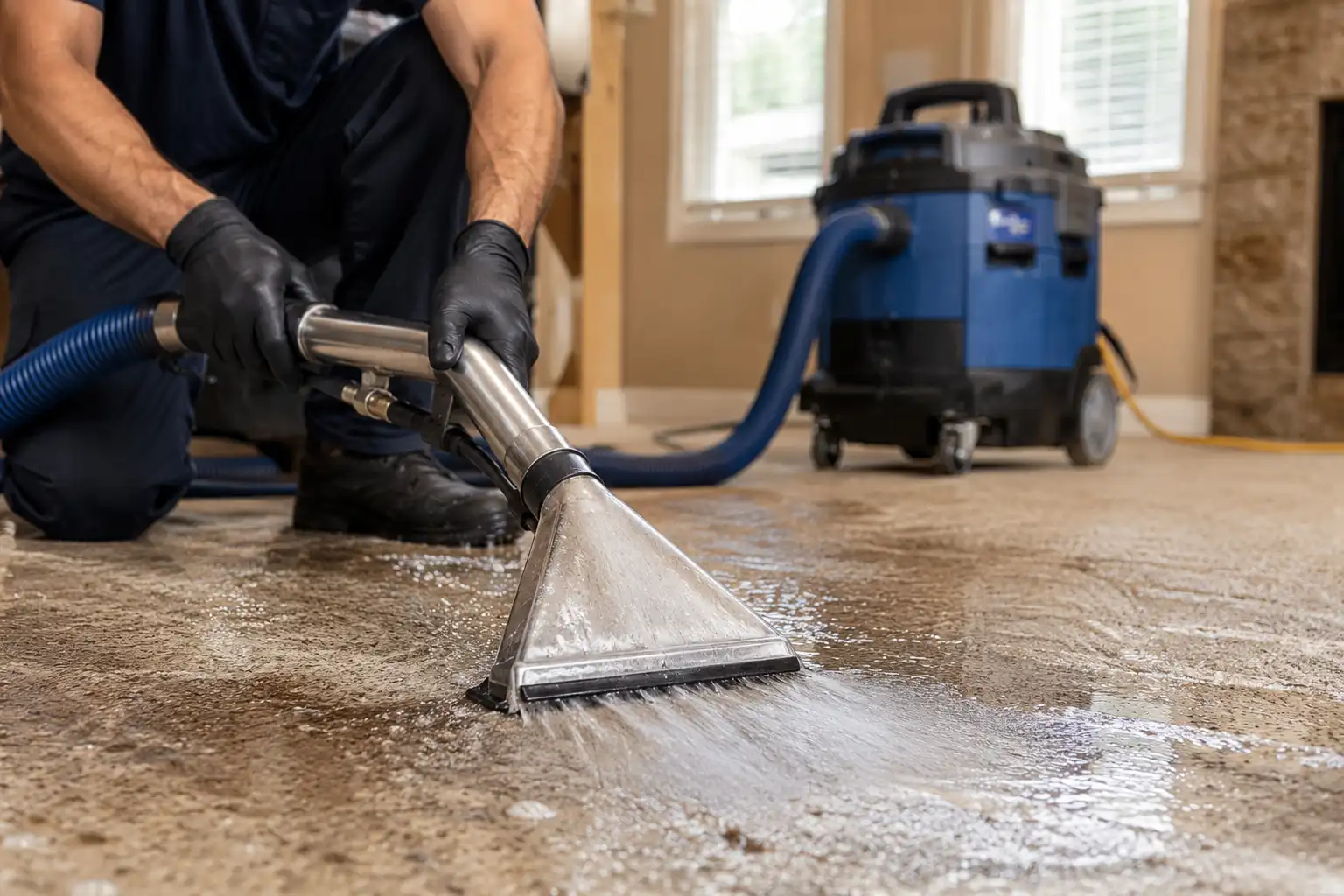 Technician using a commercial wet vacuum extraction machine to remove water from a flooded residential carpet.