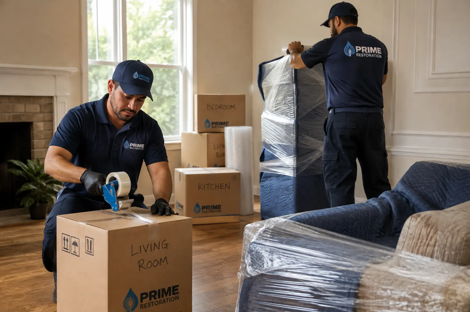 Two restoration technicians packing moving boxes and wrapping furniture in a home affected by water damage.