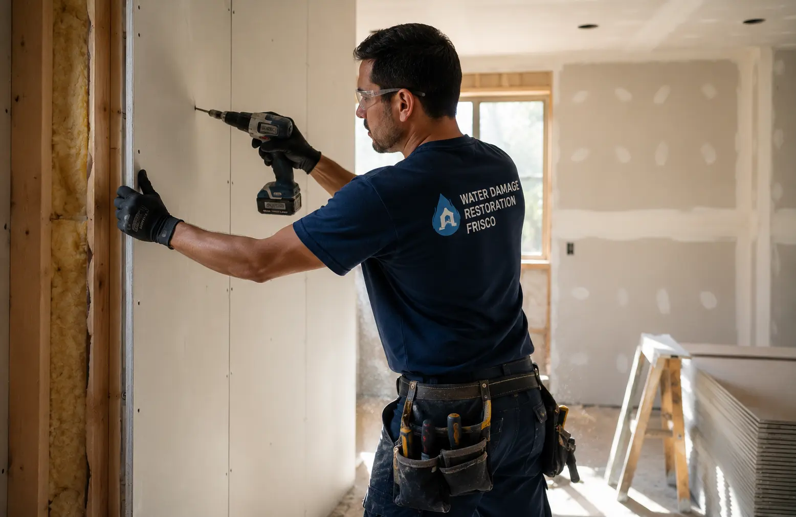 Drywall installation during water damage repair in Allen, TX