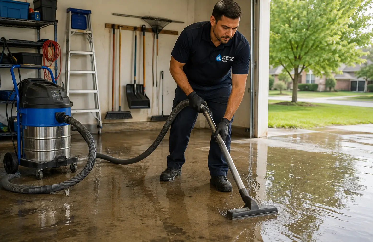 Water extraction technician using a commercial wet vacuum to remove standing water from a flooded garage floor in frisco home