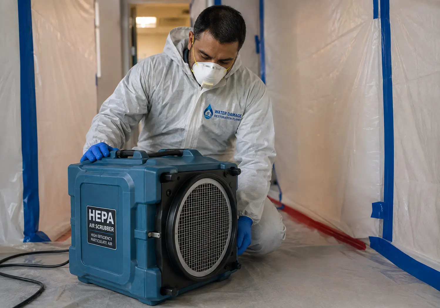 Water Damage Restoration Plano technician setting up a HEPA air scrubber inside a contained mold remediation area.