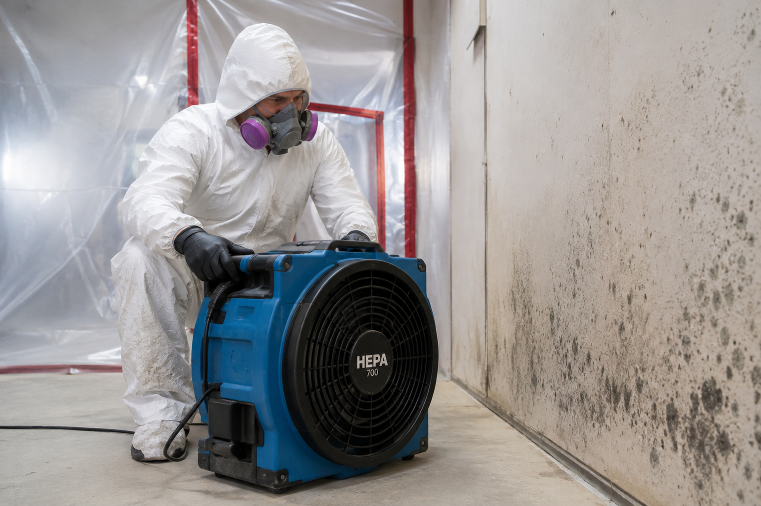 Technician in protective suit and respirator cleaning a bathroom floor drain with professional restoration equipment.