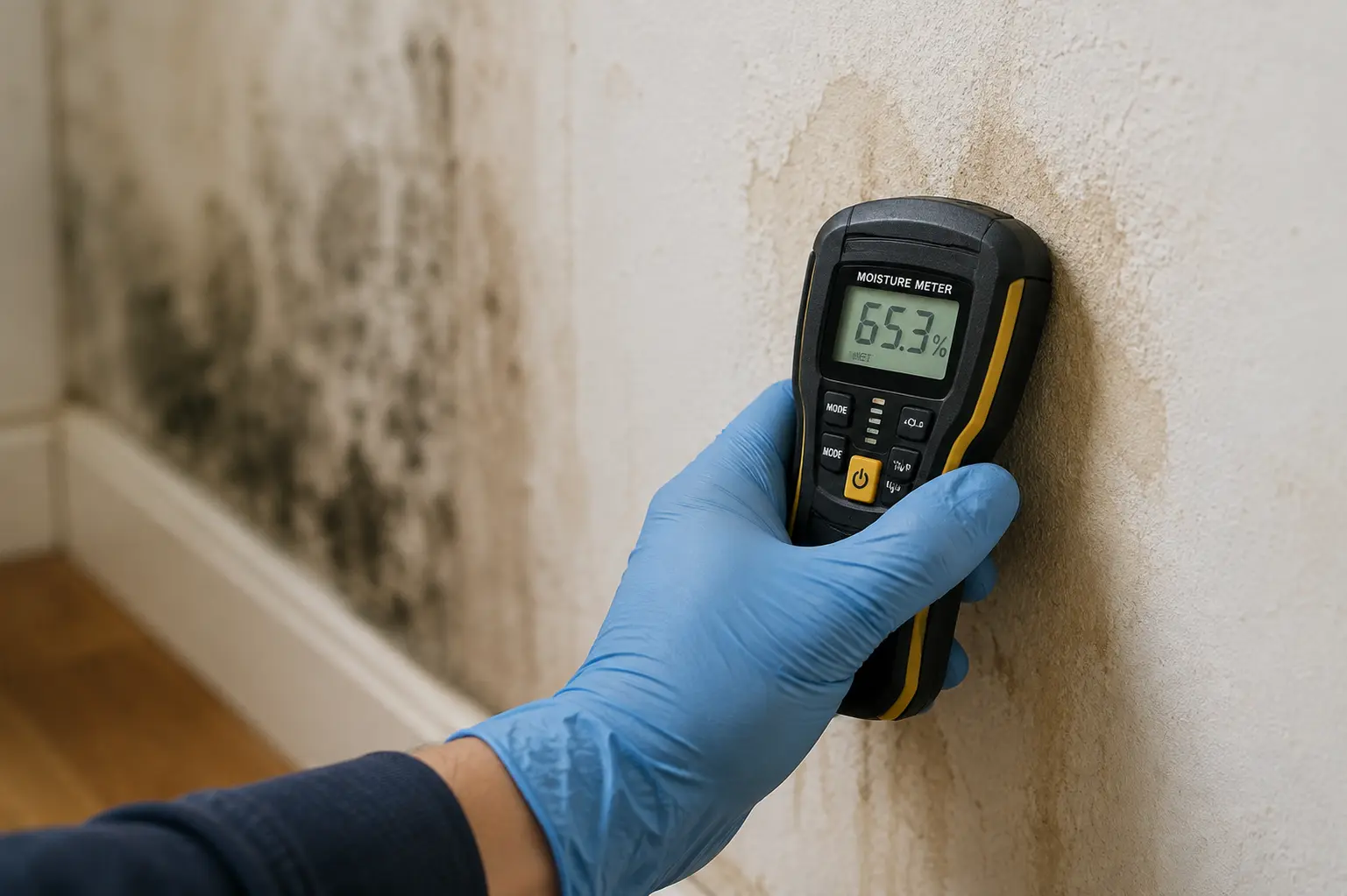 Water Damage Restoration Plano technician using a moisture meter on a water-stained wall with mold visible in the background.