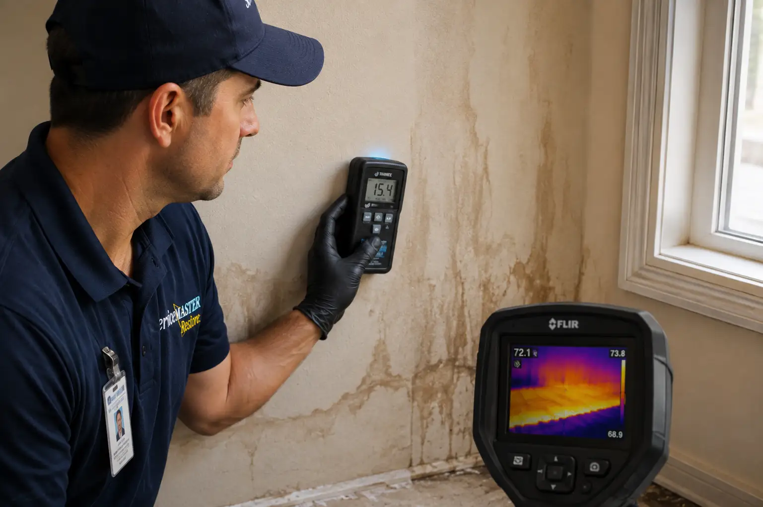 Technician using a moisture meter to inspect a water-stained wall with a thermal imaging camera during damage assessment.