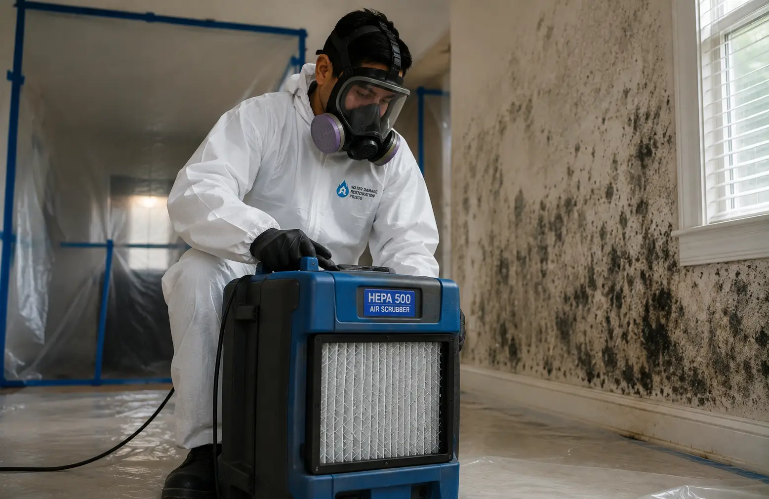 Mold remediation technician using a HEPA air scrubber in a mold-affected room in Frisco, Texas.