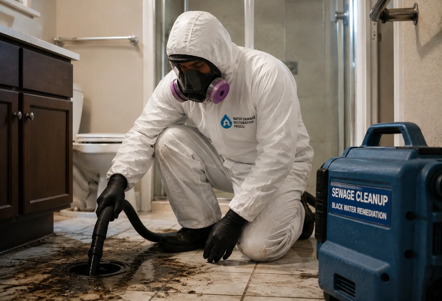Sewage cleanup technician in protective gear removing contaminated water from a bathroom floor drain.