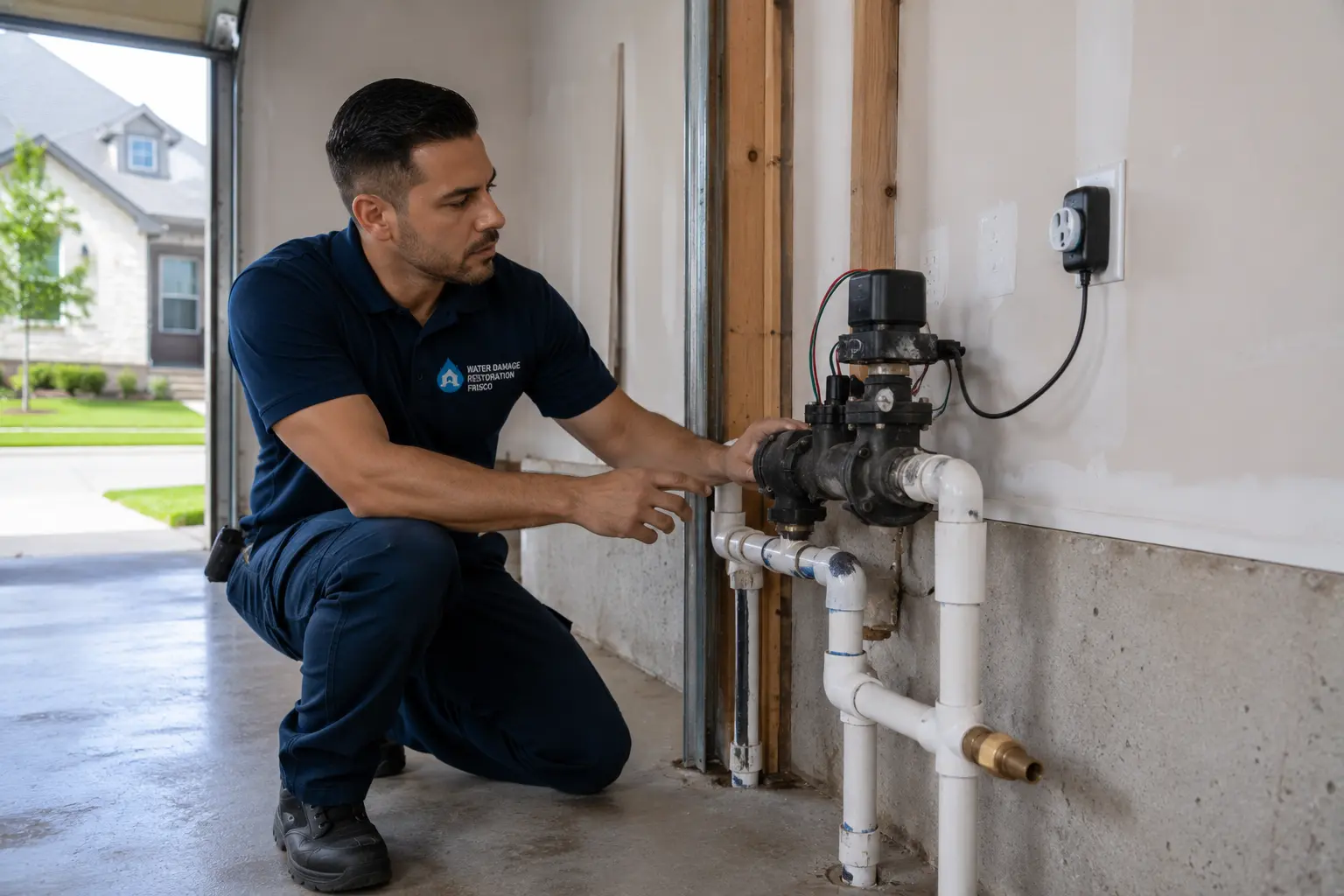Technician inspecting a sprinkler system control valve in a newer Frisco, Texas home garage.