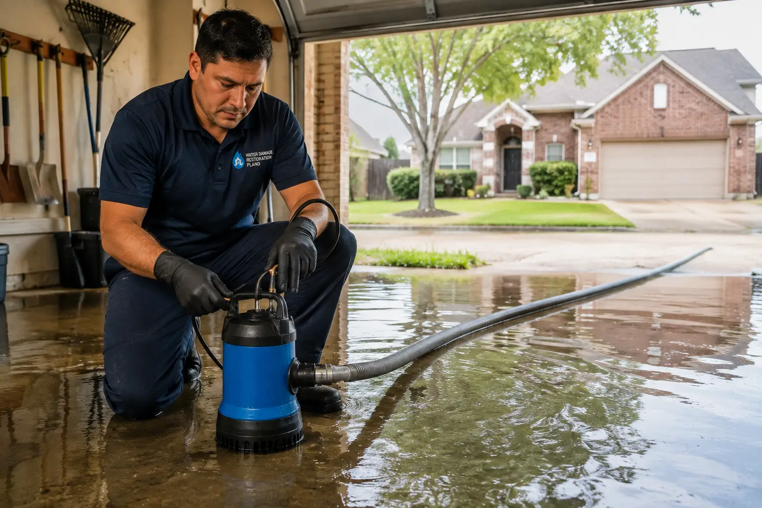 Water extraction technician operating a submersible pump in a flooded residential garage in McKinney , Texas.