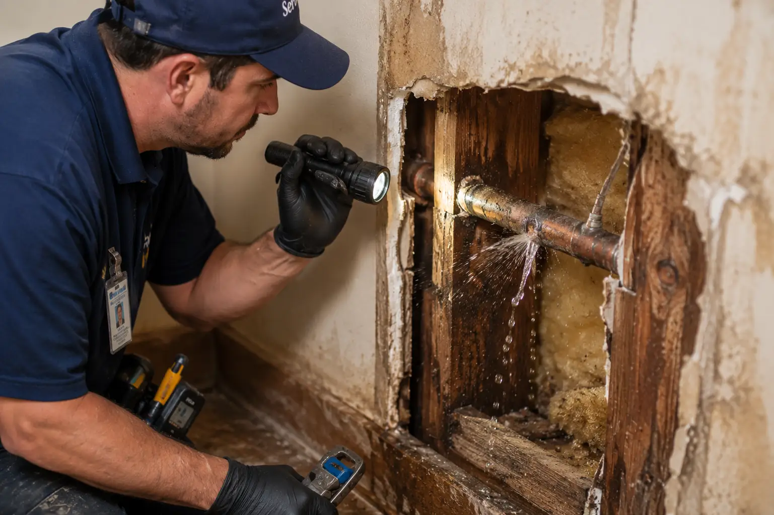 Technician inspecting a burst copper pipe inside an open wall cavity with visible water damage and stained drywall.