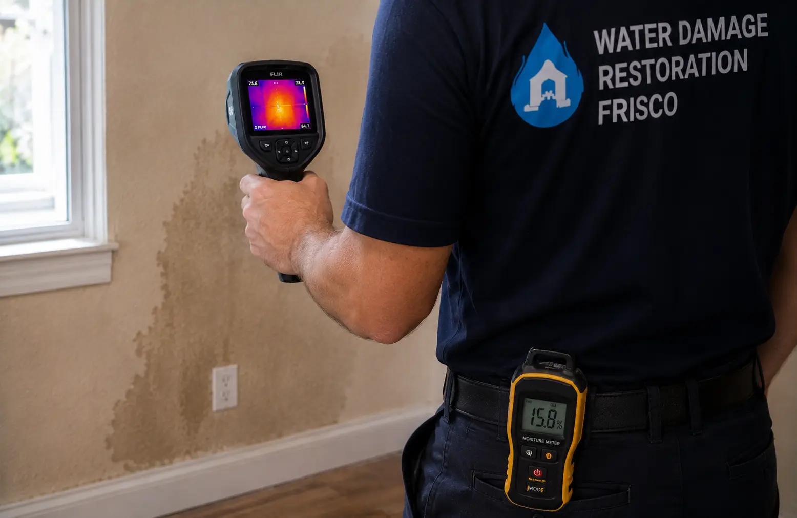 Water damage restoration technician using a thermal imaging camera to inspect a water-damaged wall