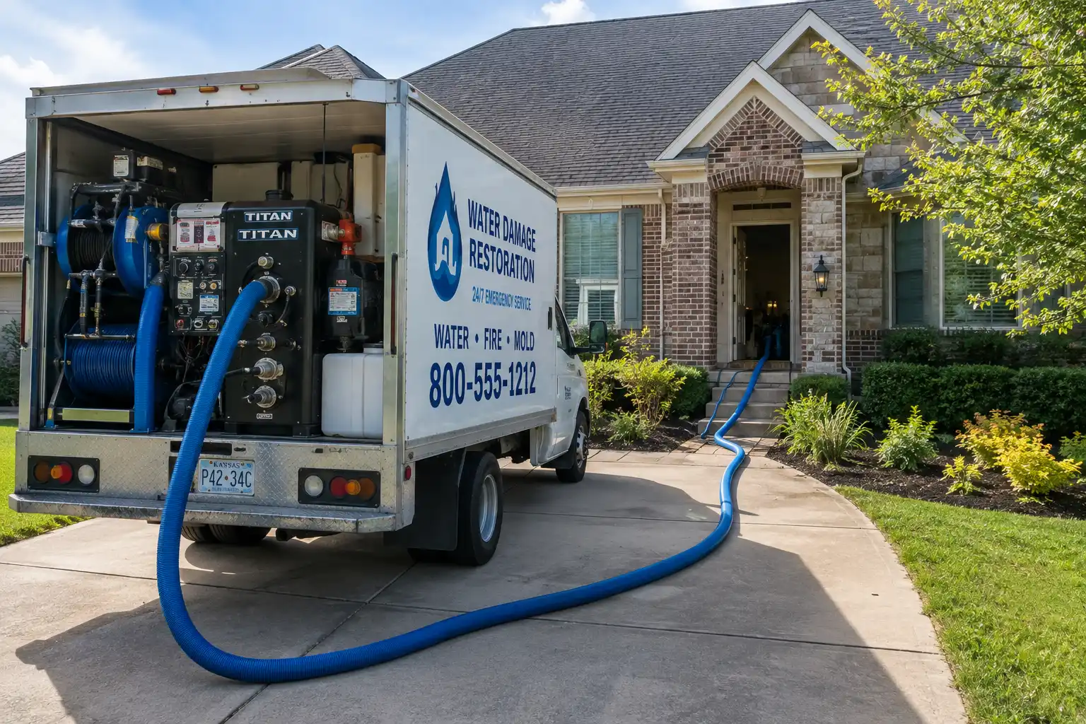 Water extraction truck with a mounted extraction unit and hose running into a residential home.