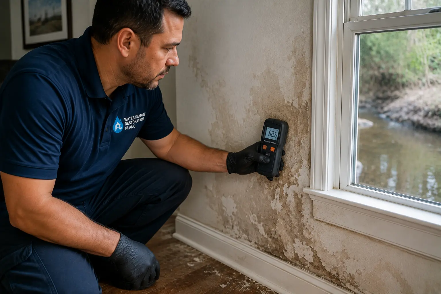 Water extraction technician inspecting water-damaged wall near a creek with a moisture meter inside a home in frisco