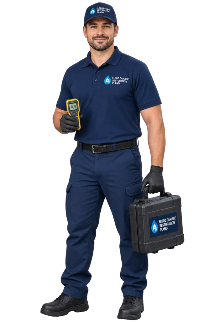 Water Damage Restoration Plano technician in a navy uniform holding a moisture meter on a transparent background.