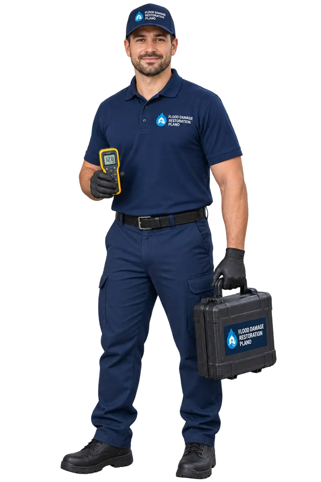 Water Damage Restoration Plano technician in a navy uniform holding a moisture meter on a transparent background.