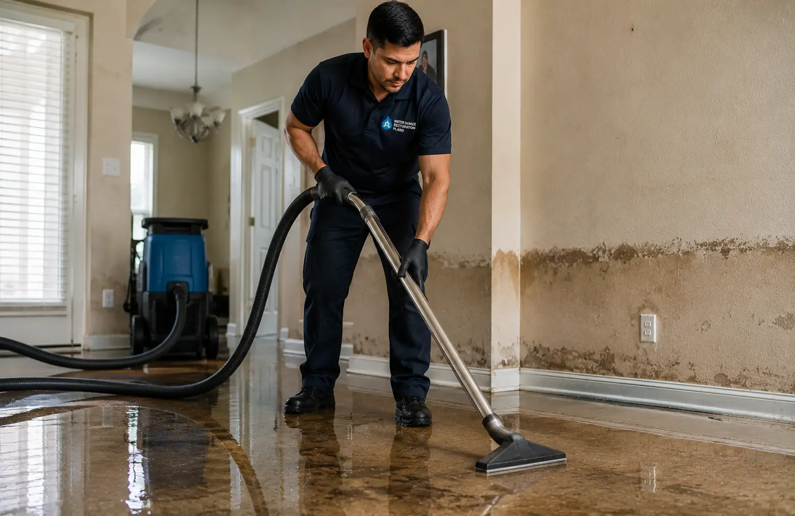 Water extraction from a flooded room in an Allen, TX home