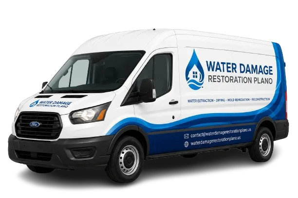 Water Damage Restoration Plano branded service van on a white background with company website and email.