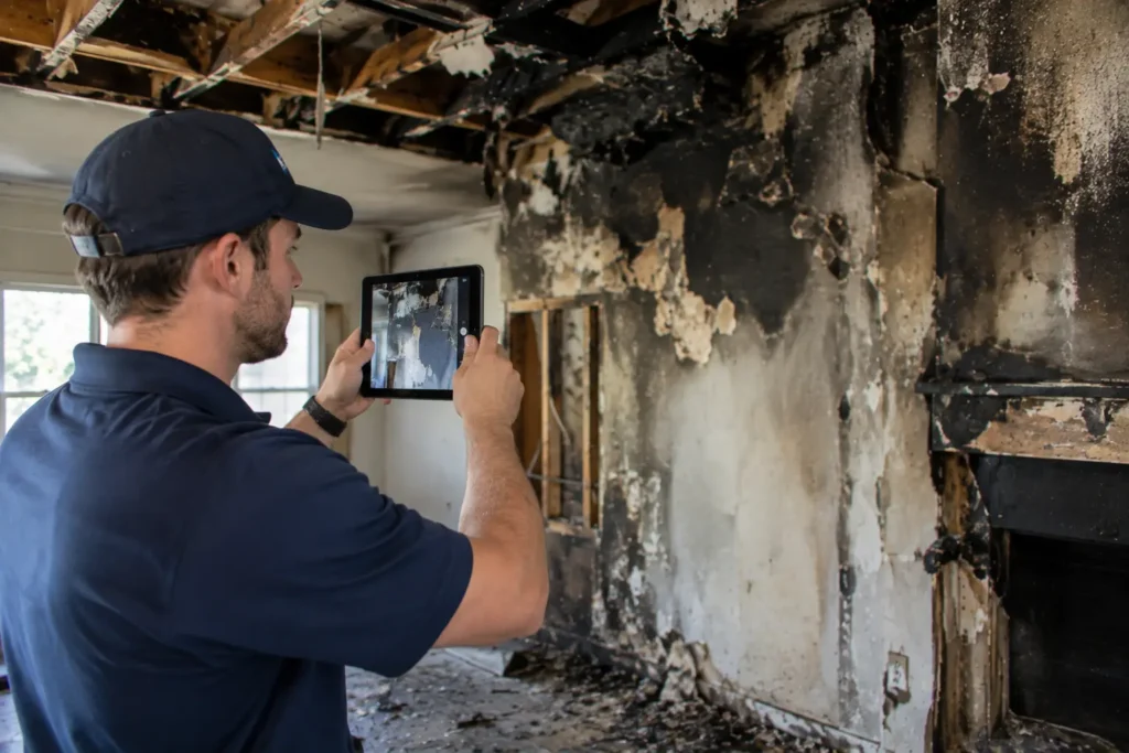 Fire damage restoration technician photographing fire damage with a tablet in a Plano, Texas home.