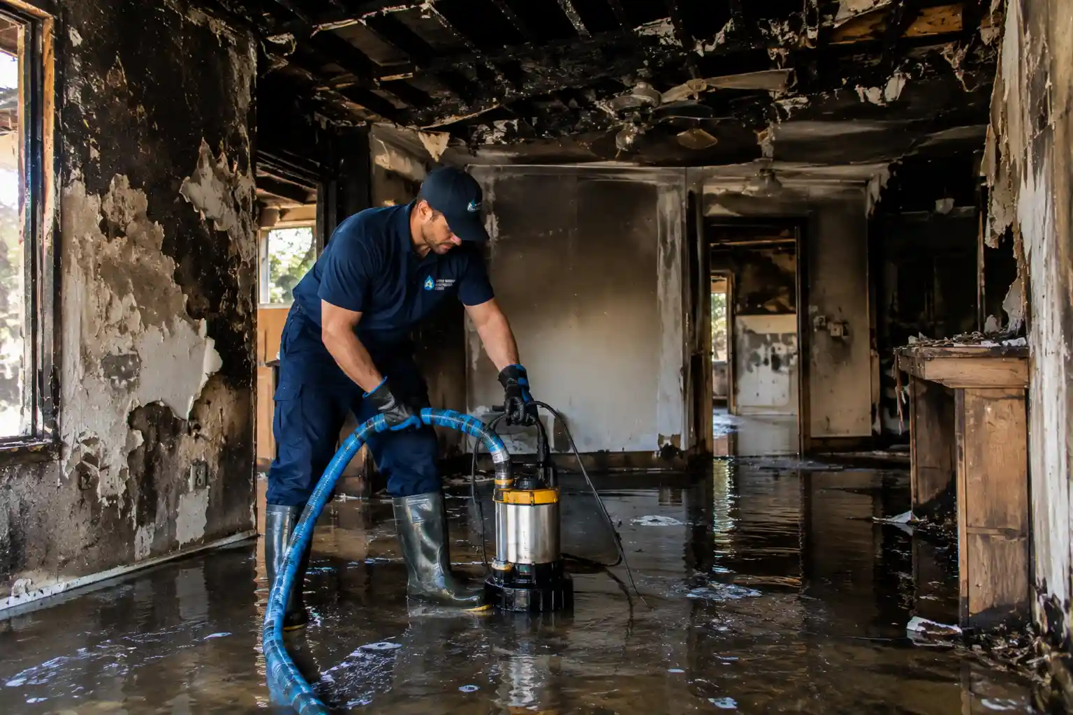 Technician using a submersible pump to remove water from a fire-damaged room in Plano, Texas.