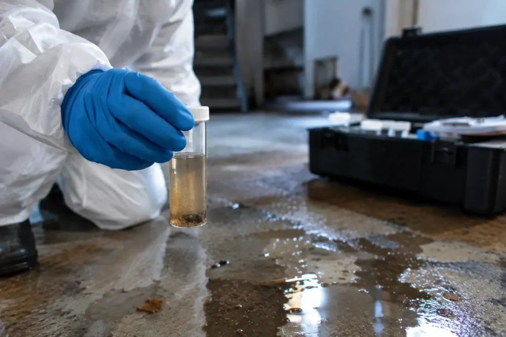 Sewage cleanup technician holding a water sample vial near contaminated water during emergency cleanup in Plano, Texas.