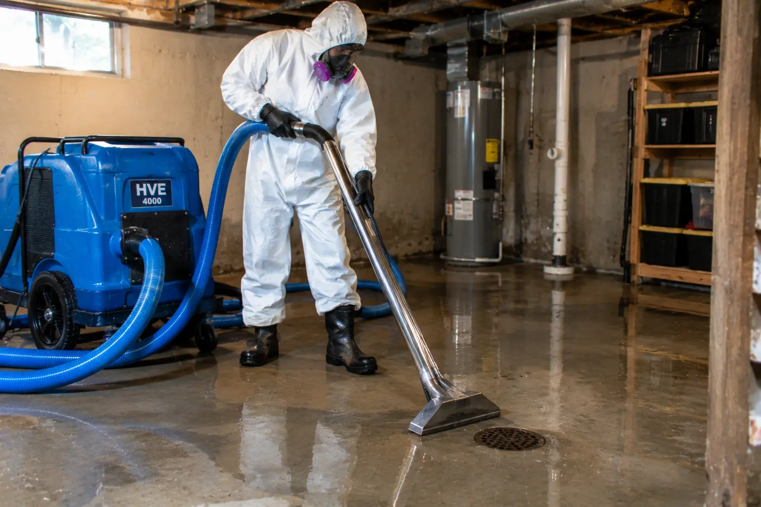 Sewage cleanup technician in protective gear using an extraction machine near a basement floor drain in Plano, Texas.
